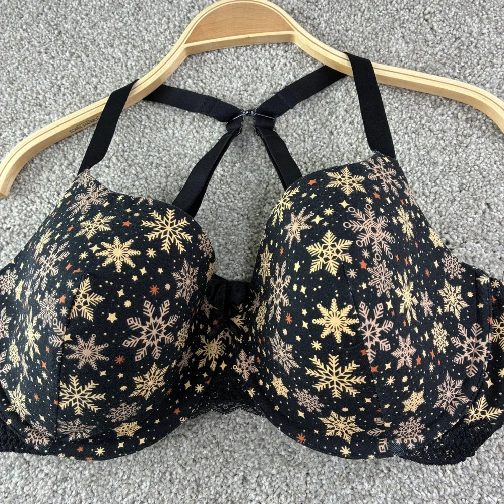 Ambrielle‎ Organic Cotton Demi Bra 40DD Black Gold Snowflake Holiday Racerback